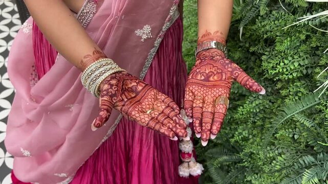 Indian bride in pink lehenga with designer Mehendi; a high-quality close-up of traditional bridal henna and ethnic wedding fashion in Kolkata, West Bengal.
