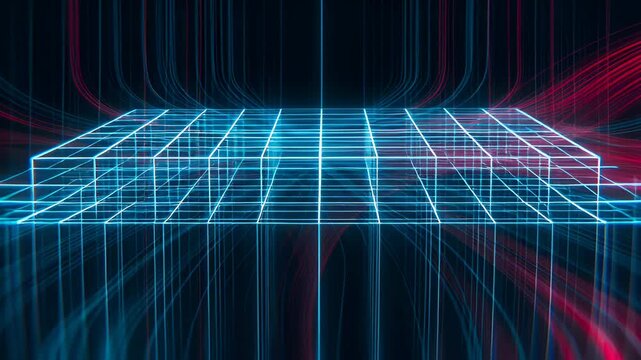 Abstract digital grid futuristic neon light cyber space render with glowing wireframe platform, blue and magenta lines, neon red and blue light trails crossing dark black background, dynamic motion