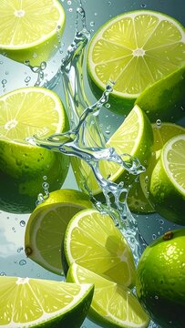 A refreshing splash of lime wedges in water