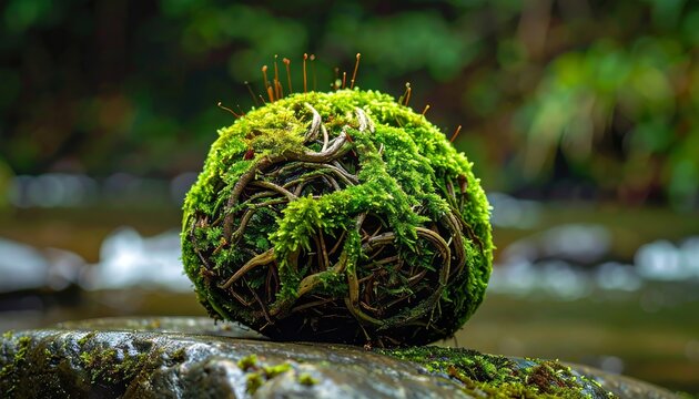 A vibrant green moss ball with visible roots resting on a textured rock in a natural, blurred forest setting.