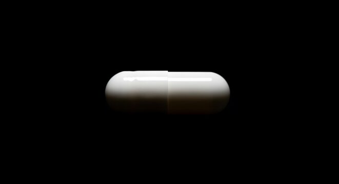 A close-up of a white capsule against a black background, lit with soft light