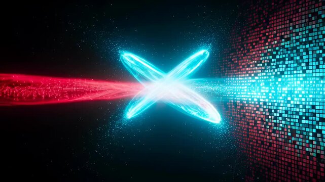 Digital energy beam glowing light abstract technology blue red particle stream and neon ribbon futuristic black background with luminous motion trail and cyber space wave effects