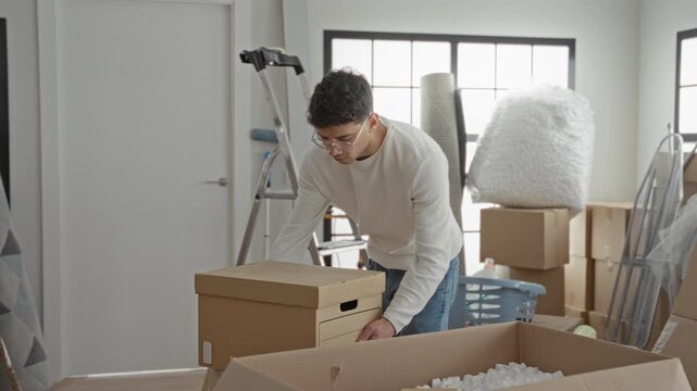 Man lifting a cardboard box, hands on hips in a building packed with moving boxes and packing materials; fresh start determination.