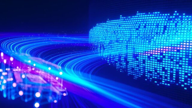 Abstract digital network data cloud blue light stream technology background with futuristic cube, neon curves, glowing pixel map, data flow, cyber connection, and electric motion