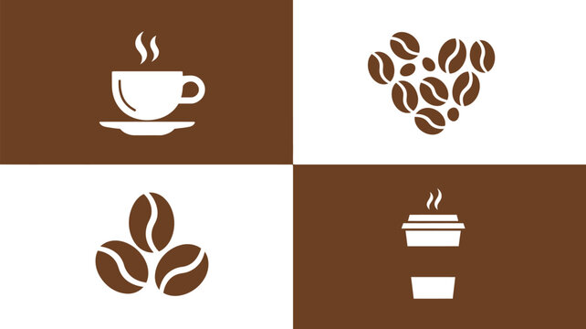 Coffee cup and beans icon set, flat style vector logo collection featuring coffee mugs, espresso cups, and roasted beans for caf&eacute; branding, beverage packaging, and restaurant design elements