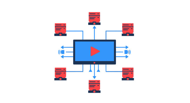 A central video player screen connected to multiple distributed server units, illustrating a content delivery network or streaming architecture.