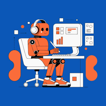Digital AI Assistant: A futuristic robot, equipped with headphones, diligently works at a desk, the digital world comes alive through data analysis, coding or design. A symphony of innovation.