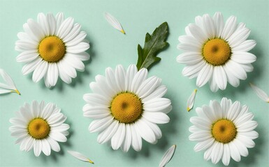 Fototapeta premium White daisies with yellow centers on mint green background scattered