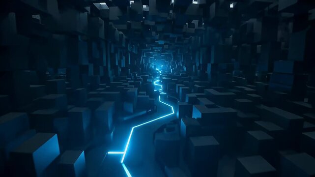 Glowing blue path through dark abstract cubic labyrinth