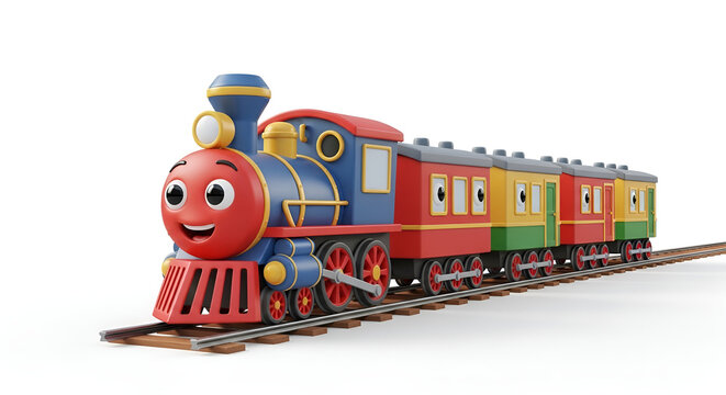 Colorful cartoon toy train with a cute face on rails, cheerful 3D illustration for kids and educational concept.