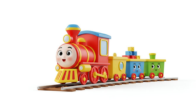 Colorful cartoon toy train with a cute face on rails, cheerful 3D illustration for kids and educational concept.