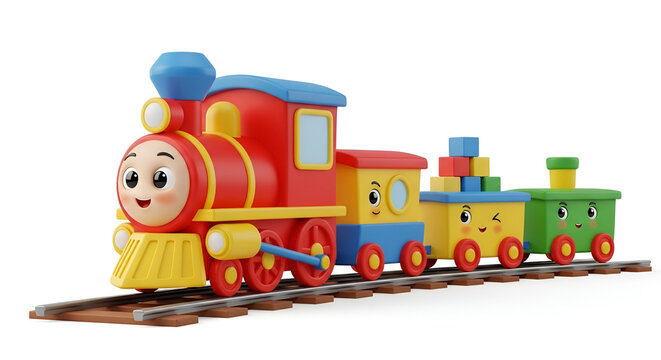 Colorful cartoon toy train with a cute face on rails, cheerful 3D illustration for kids and educational concept.