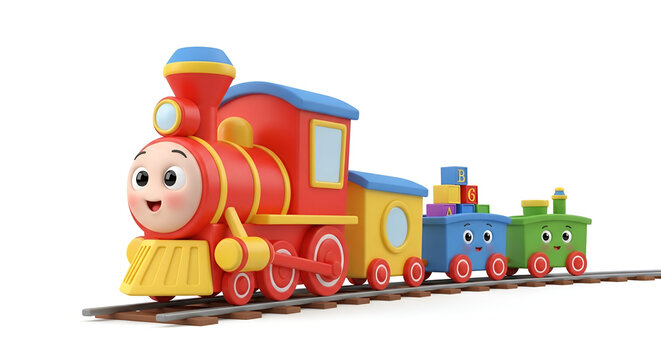 Colorful cartoon toy train with a cute face on rails, cheerful 3D illustration for kids and educational concept.