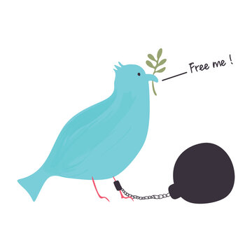 Peace dove light blue color with olive branch was chained up hand drawn childish style isolated