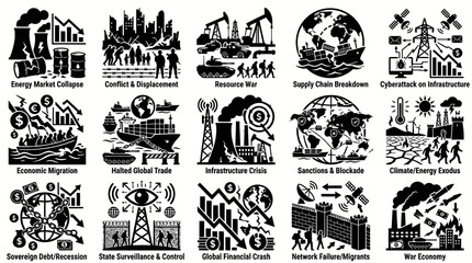 Fototapeta premium Global Crisis Icons Set: Black White Glyph Style Icons for Economic Social Issues