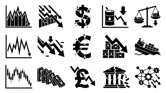 Economic and Financial Crisis Decline Glyphs Set. Global Market Recession, Business Downfall Icons.