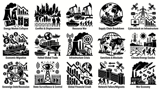 Global Crisis Icons Set: Black  White Glyph Style Icons for Economic  Social Issues