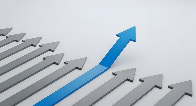 Blue upward trending arrow on white 3 d bar graph, financial growth concept blue arrow white bars 3d graph