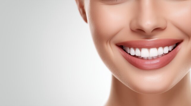 Perfect smile shines brightly. Teeth look white and smooth. Clean background emphasizes clarity. Close up of healthy white teeth with natural lips in high key lighting. Dental aesthetics concept