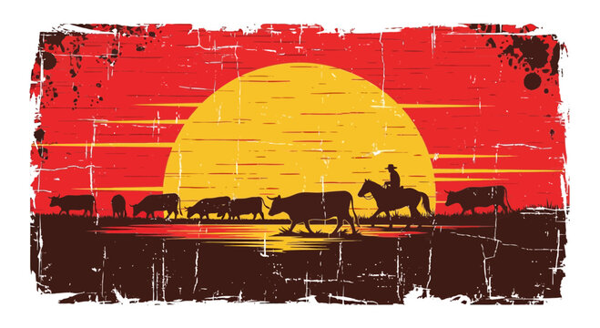 Vintage Cowboy Herding Cattle at Sunset Silhouette Vector Art