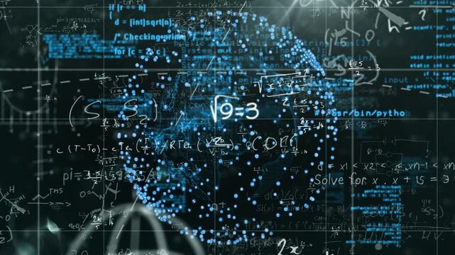 Rotating spherical blue point cloud starting, revealing equations, code and data streaks in HUD