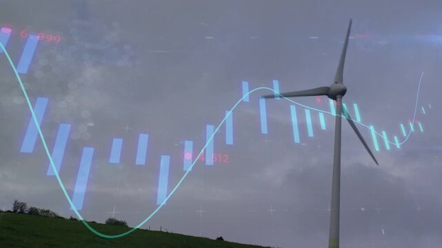 Chart appearing, wind turbine rotating on hill showing cyan bars, blue trend, red marks, copy space