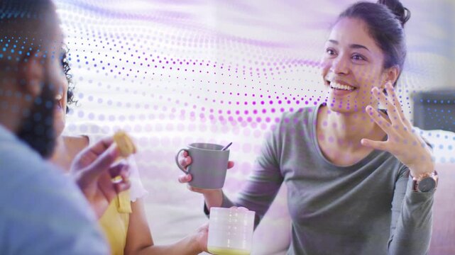 Right-side woman lifting mug, speaking, building energy, purple blue waves sweeping for marketing