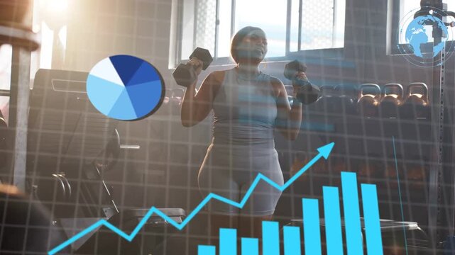 Woman curling dumbbells in gym lifting initiating AR bar chart line graph pie chart collecting data