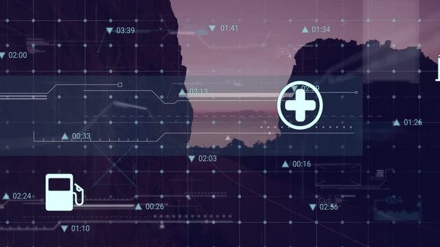 Animating HUD bolt icon appearing, shifting service icons over coast road at dusk, showing times
