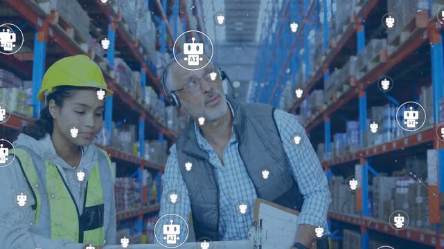 Supervisor pointing upward after inspecting list, guiding picker to racks with AI overlays