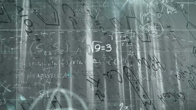 Scientific notations drifting inward, forming glowing ?9=3, E=mc^2, rotating globe for education