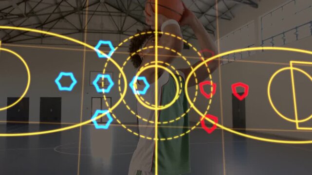 Male player raising hand then releasing shot near free-throw lane, AR grid marking sports data
