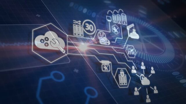 Pulsing hexagon service icon sending bright lines to HUD radial dial and servers, copy space