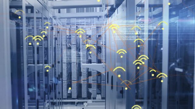 Animating aisle of server racks showing network in rack room, yellow icons linking via orange lines
