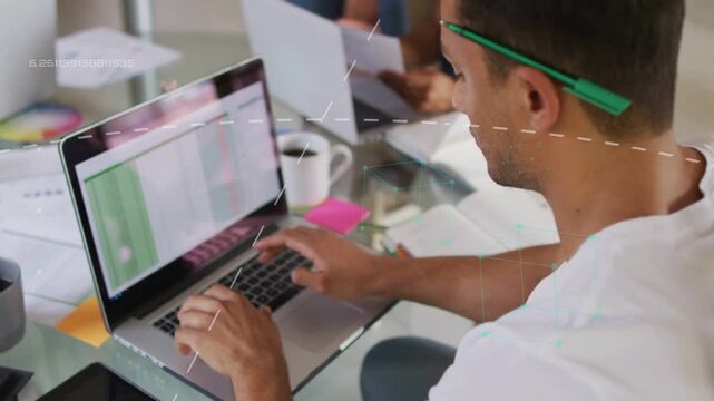 Male analyst typing and tapping spreadsheet, starting green cell animations for finance check