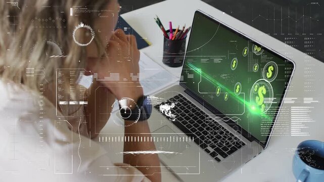 Viewing blonde woman white-top checking laptop green HUD at home desk, pen cup, watch, copy space