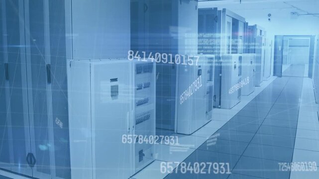 Streaming numeric overlays and magenta lines across bank of server racks in data center