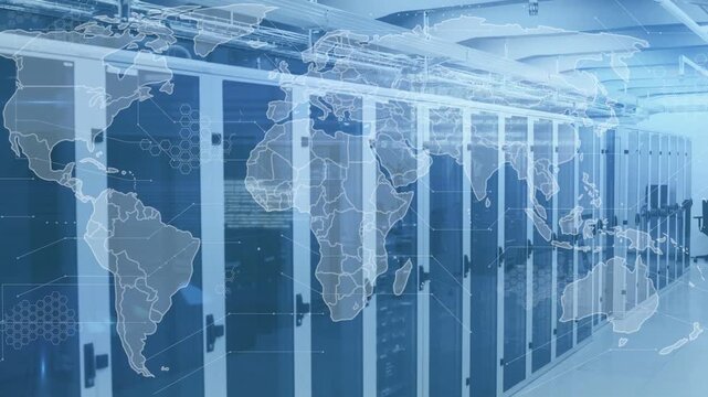 Panning camera revealing long row server racks in datacenter while world map fading in across scene