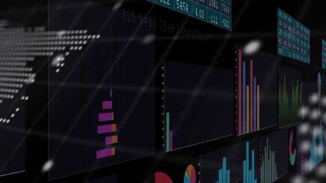 Sliding data wall revealing charts and dotted map in dark virtual space, with console text