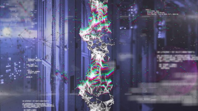 Pulsing central particle column growing in server room, showing RGB nodes and drifting code