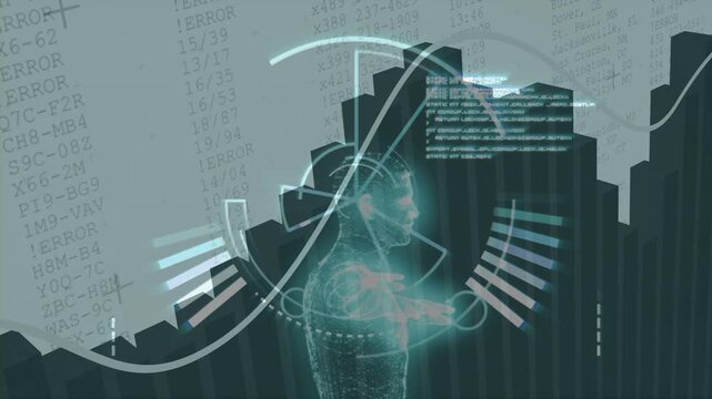 Emerging hologram avatar revealing rotating HUD and line graph on bar pillars activating analytics