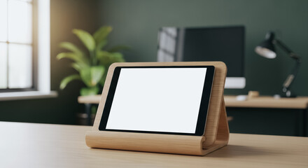 Fototapeta premium Digital tablet with blank white screen on wooden stand in modern minimalist home office workspace mockup