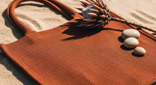 Minimalist Terracotta Knitted Tote Bag on Beach Sand with Dried Protea Flower and Smooth Stones