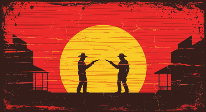 Wild West Cowboy Duel at Sunset Vintage Grunge Vector Art