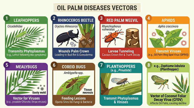 Oil palm diseases vectors infographic showing leafhoppers, rhinoceros beetle, red palm weevil, aphids, mealybugs, coreid bugs, planthoppers, and their effects