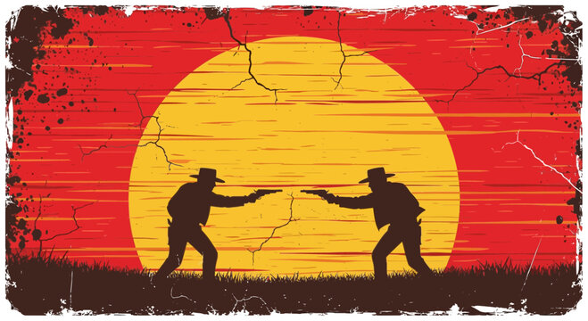 Wild West Cowboy Duel Standoff Silhouette Against Sunset