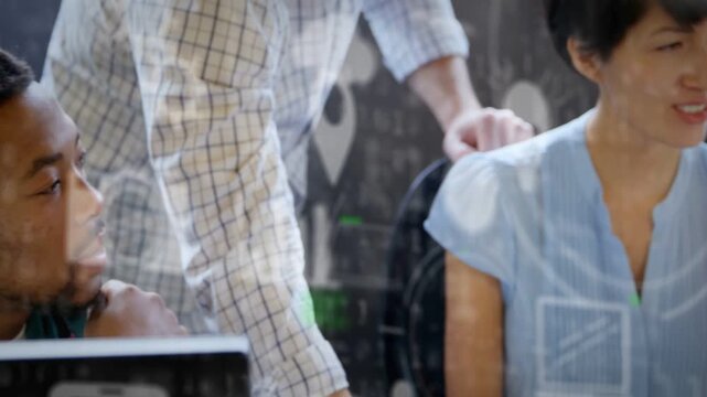 Leaning peer placing hand on chair blue blouse woman speaking enabling tech review icons on glass