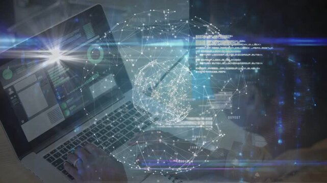 Male tech typing on laptop, activating digital globe hovering above desk for dashboard review