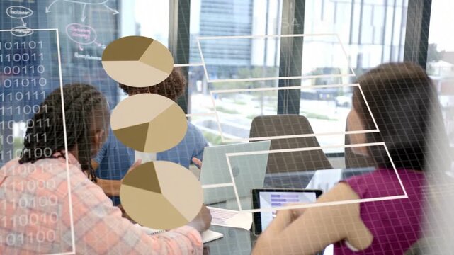 Discussing team gesturing and noting data in office, with laptop, tablet and analytics, casual
