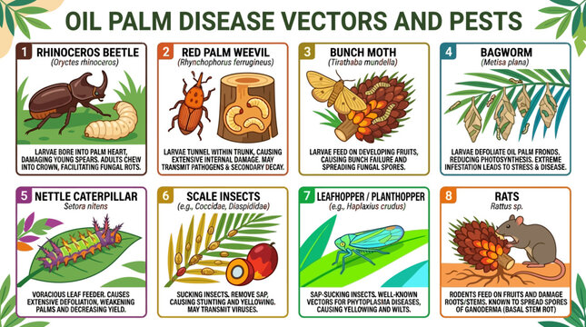 Oil palm disease vectors and pests infographic showing various insects and rodents